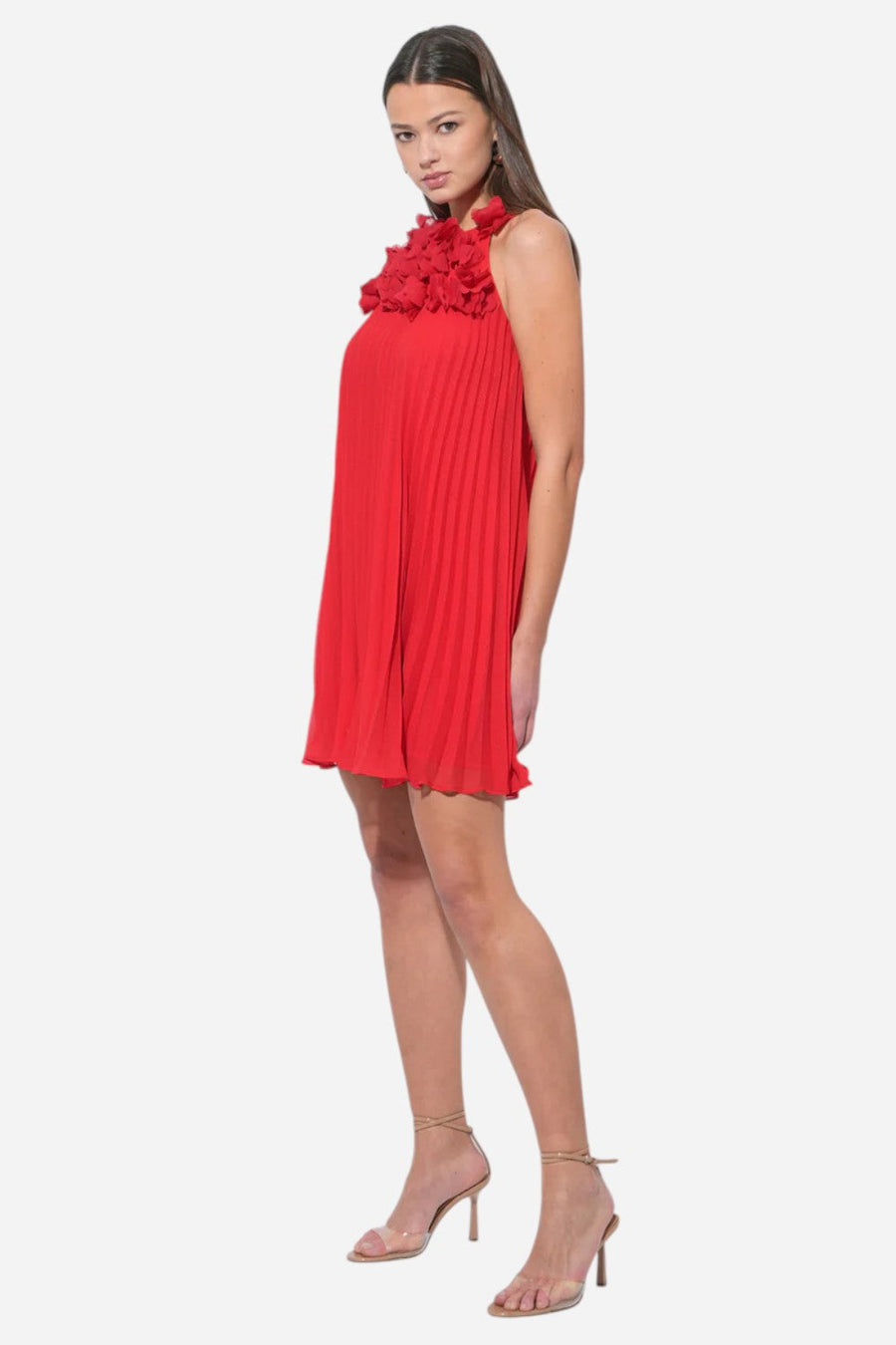Adelyn Rae Corey Halter Pleated Dress with 3D Floral Applique – alternate