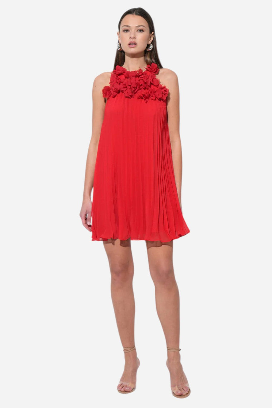 Adelyn Rae Corey Halter Pleated Dress with 3D Floral Applique – flat lay