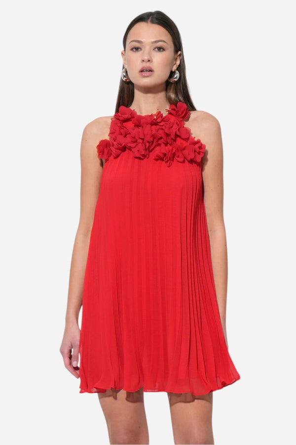 Adelyn Rae Corey Halter Pleated Dress with 3D Floral Applique