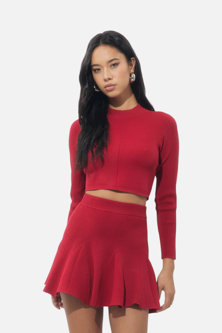 Adelyn Rae Eleanor Godets Rib Knit Mini Skirt in Red – front view