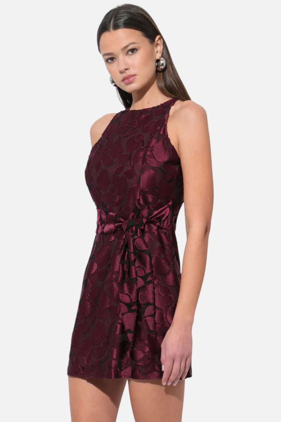 Adelyn Rae Falini Velvet Burnout Tie Front Mini Dress in Wine – back view