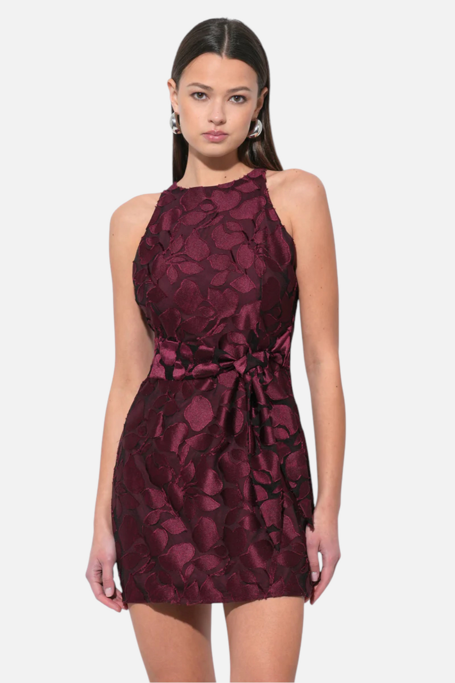 Adelyn Rae Falini Velvet Burnout Tie Front Mini Dress in Wine – front view