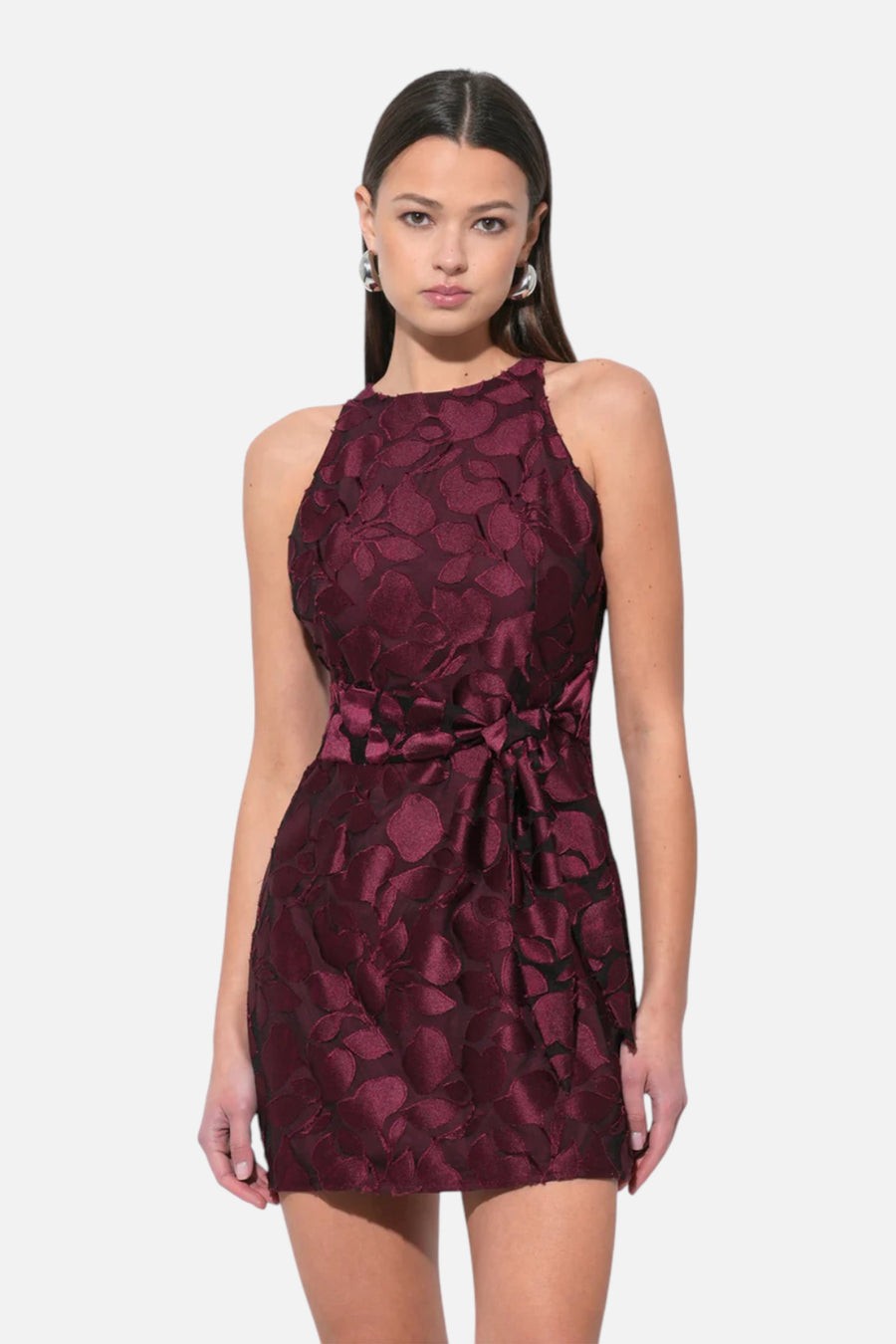 Adelyn Rae Falini Velvet Burnout Tie Front Mini Dress in Wine – side view