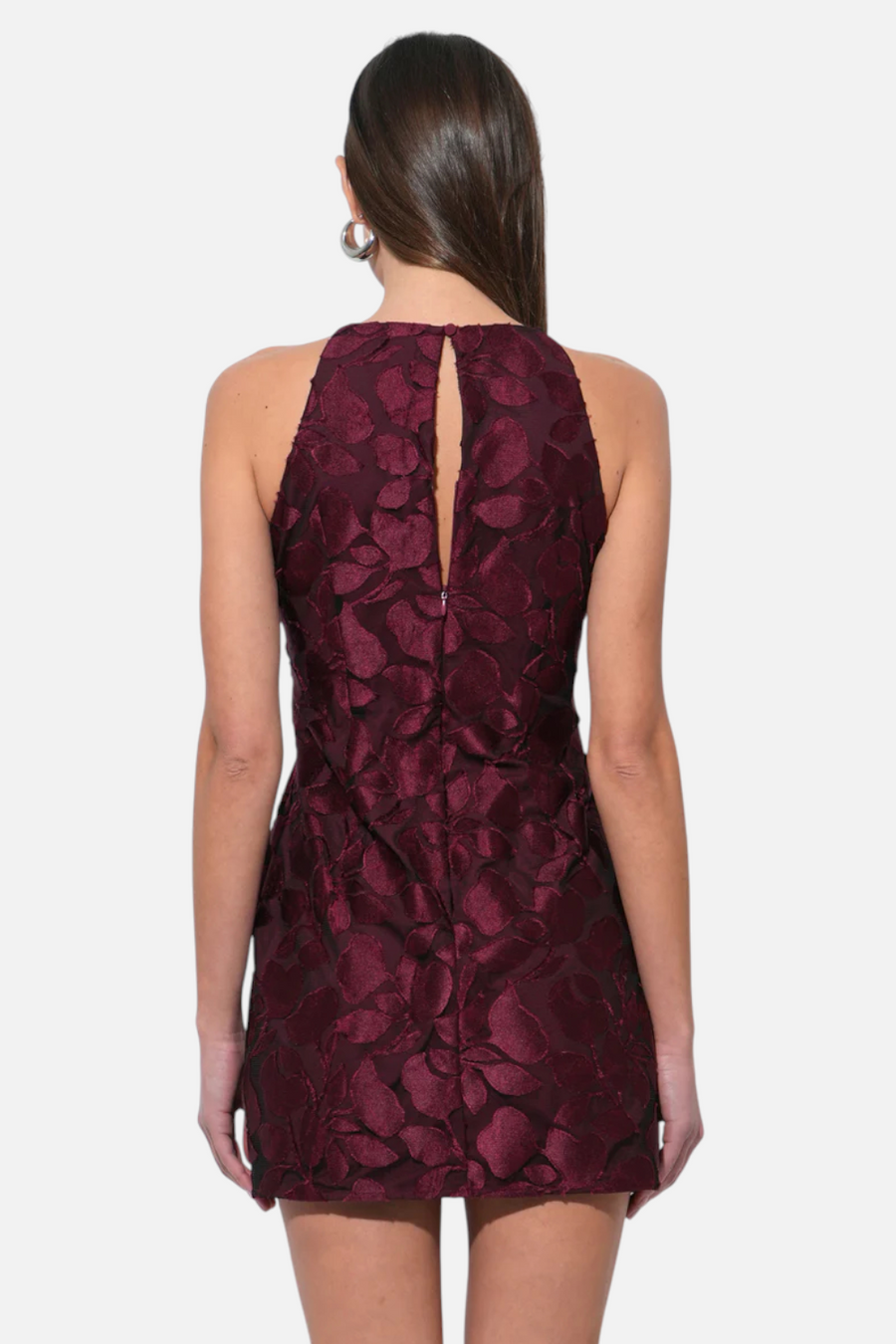 Adelyn Rae Falini Velvet Burnout Tie Front Mini Dress in Wine – side view