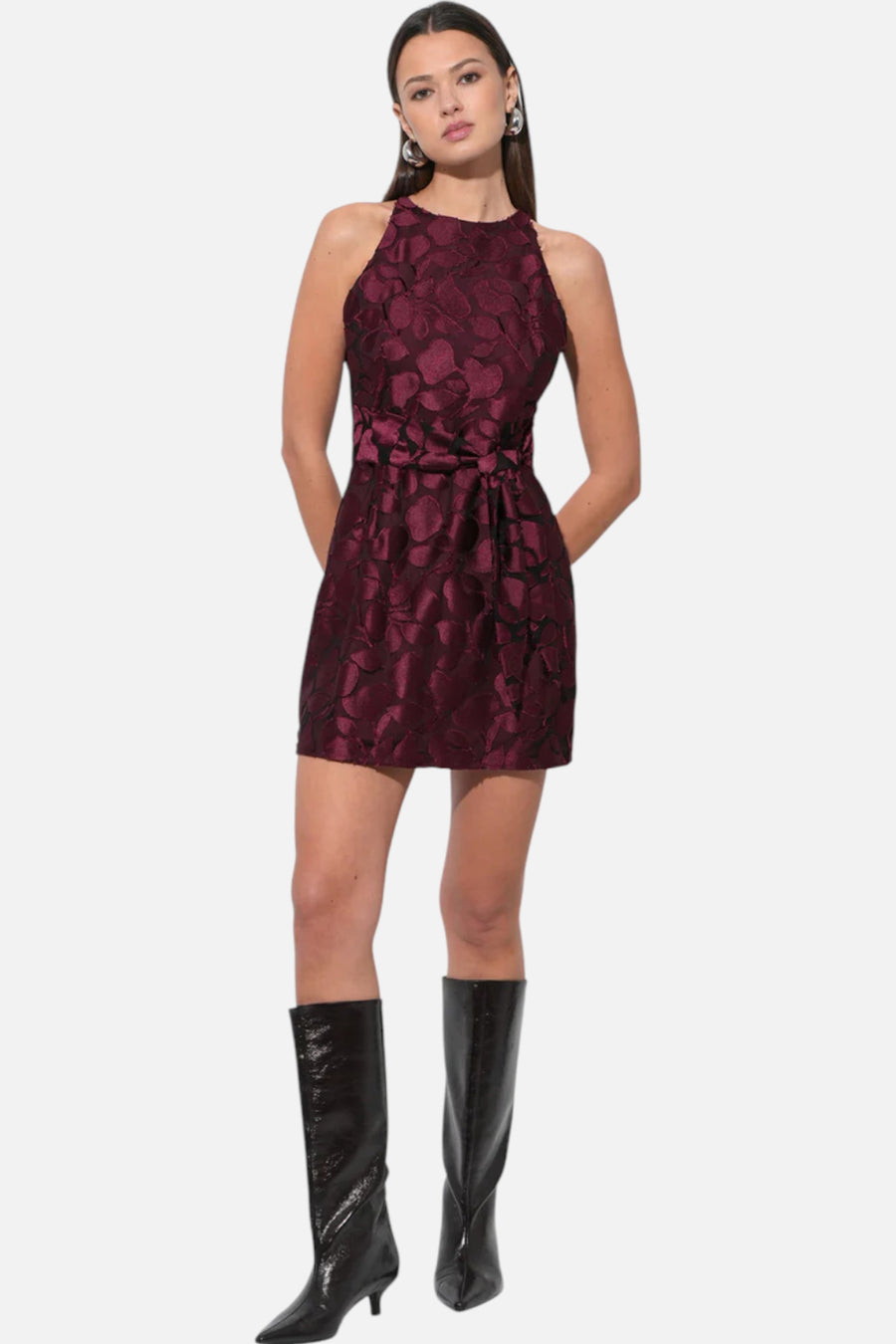 Adelyn Rae Falini Velvet Burnout Tie Front Mini Dress in Wine – side view