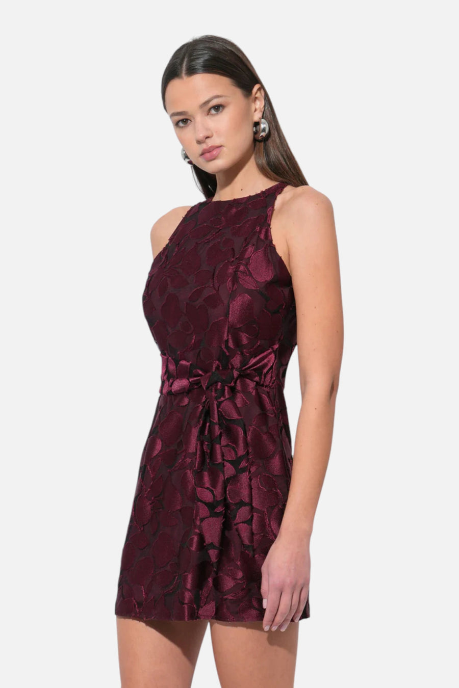 Adelyn Rae Falini Velvet Burnout Tie Front Mini Dress in Wine – side view
