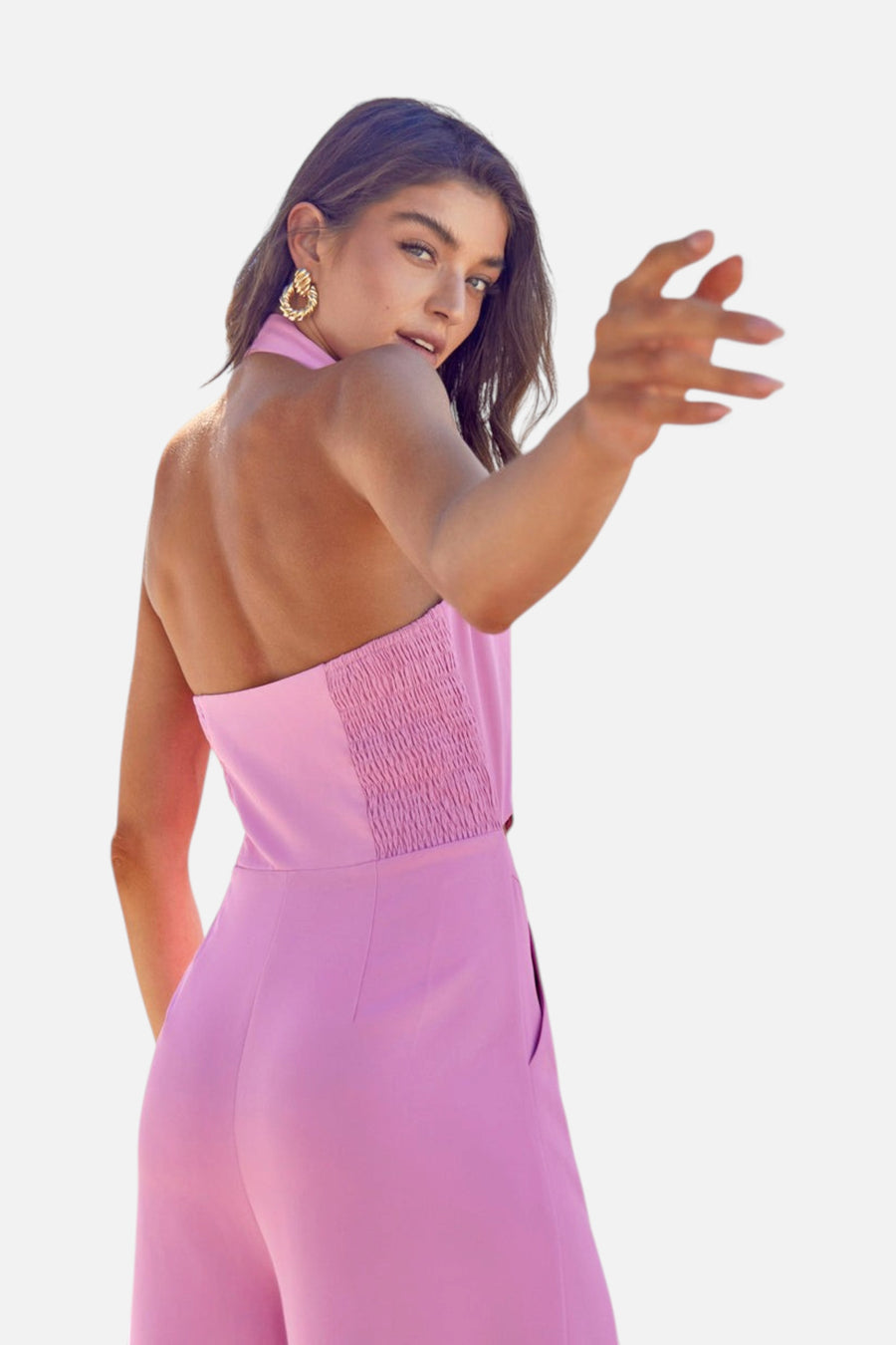 Adelyn Rae Farrah Halter Jumpsuit in Pink – flat lay