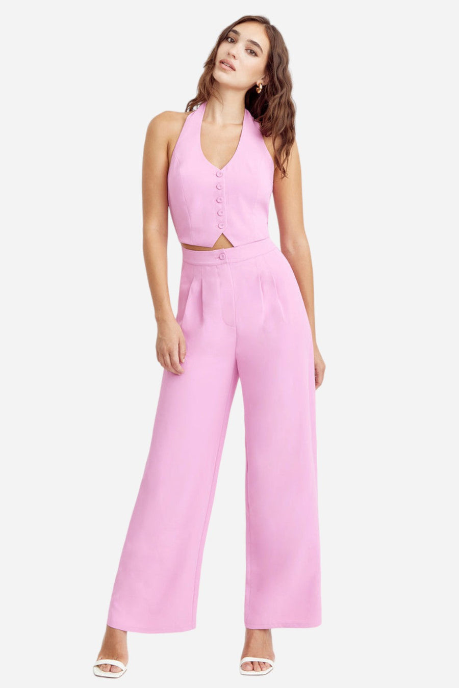 Adelyn Rae Farrah Halter Jumpsuit in Pink – front view