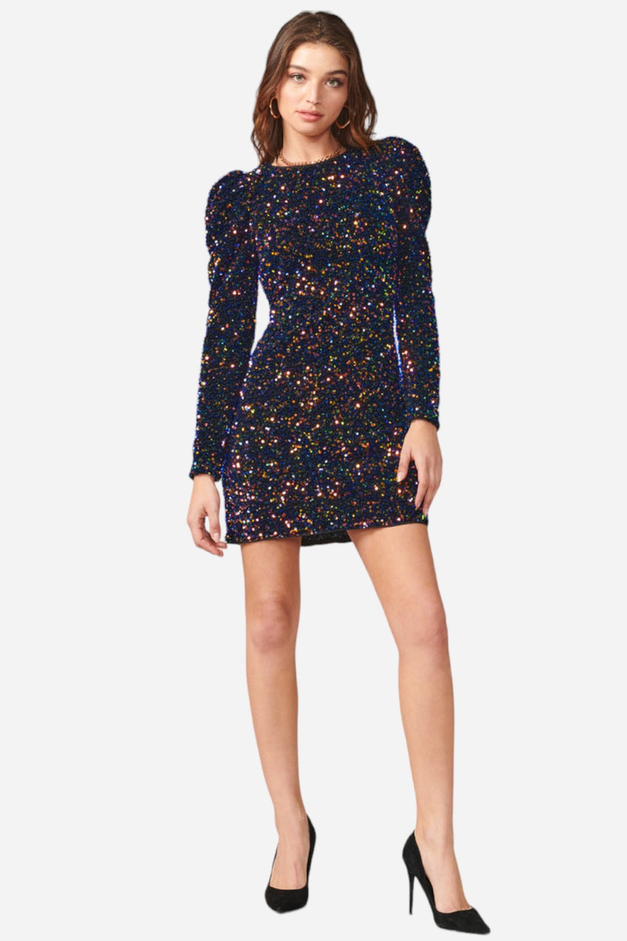 Adelyn Rae Gale Velvet Sequins Puff Sleeve Mini Dress in Midnight – front view