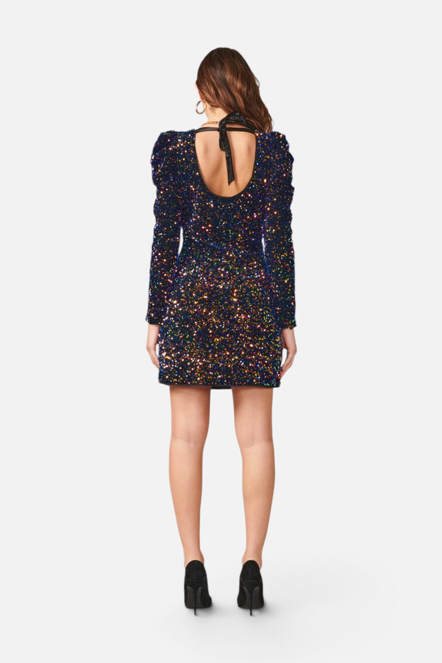 Adelyn Rae Gale Velvet Sequins Puff Sleeve Mini Dress in Midnight – side view