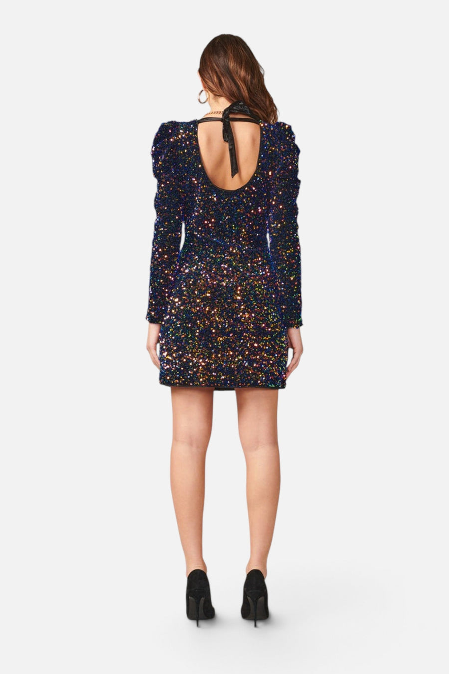 Adelyn Rae Gale Velvet Sequins Puff Sleeve Mini Dress in Midnight – on model