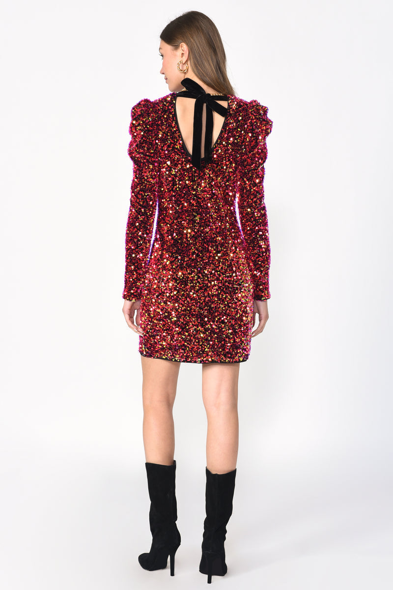 Adelyn Rae Gale Velvet Sequins Puff Sleeve Mini Dress in Raspberry Punch – alternate