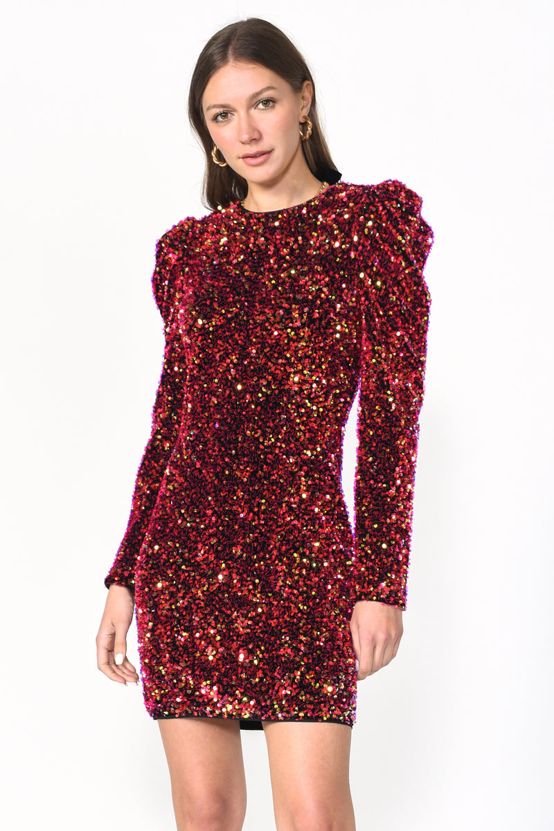 Adelyn Rae Gale Velvet Sequins Puff Sleeve Mini Dress in Raspberry Punch – back view