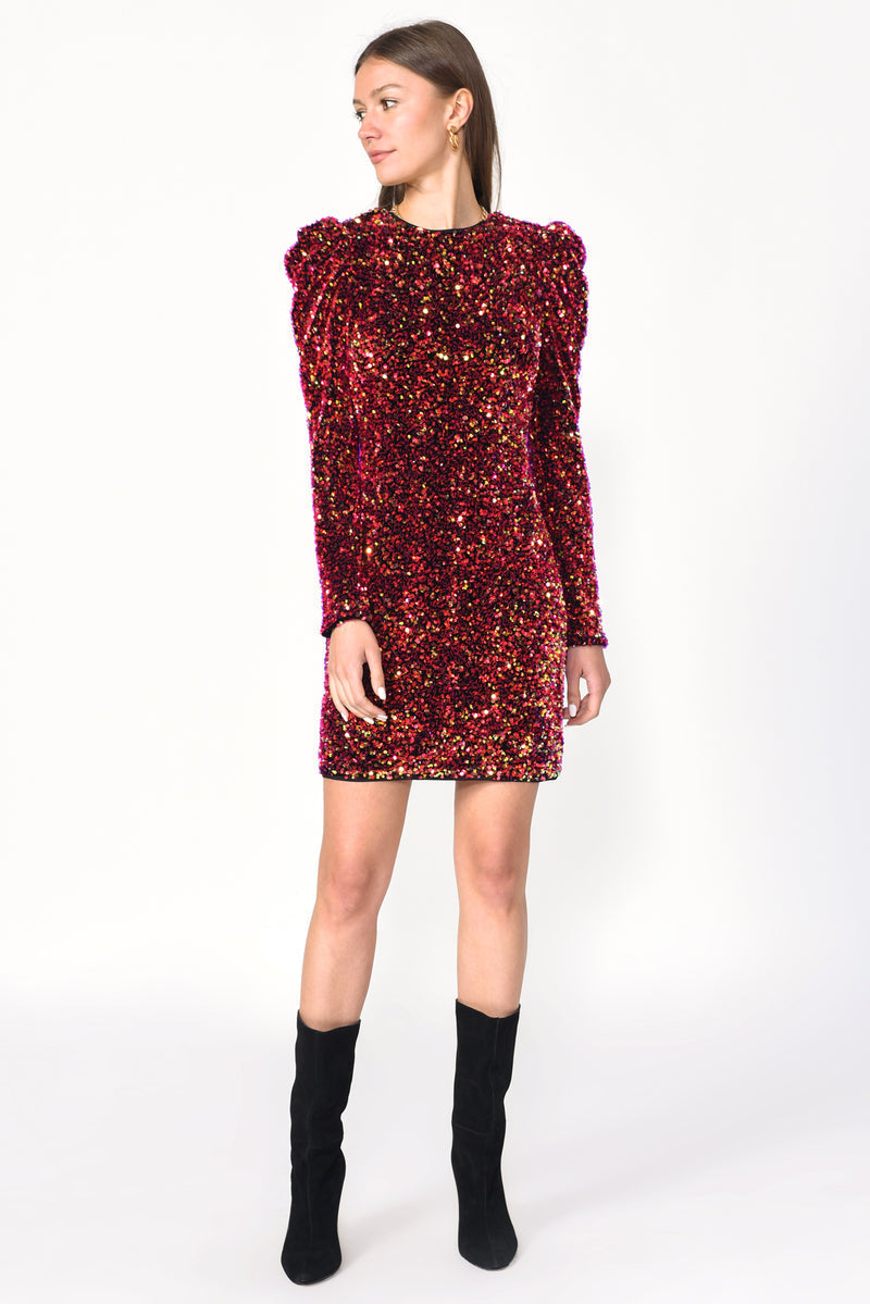 Adelyn Rae Gale Velvet Sequins Puff Sleeve Mini Dress in Raspberry Punch – flat lay