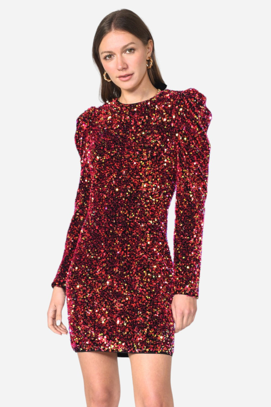 Adelyn Rae Gale Velvet Sequins Puff Sleeve Mini Dress in Raspberry Punch – front view