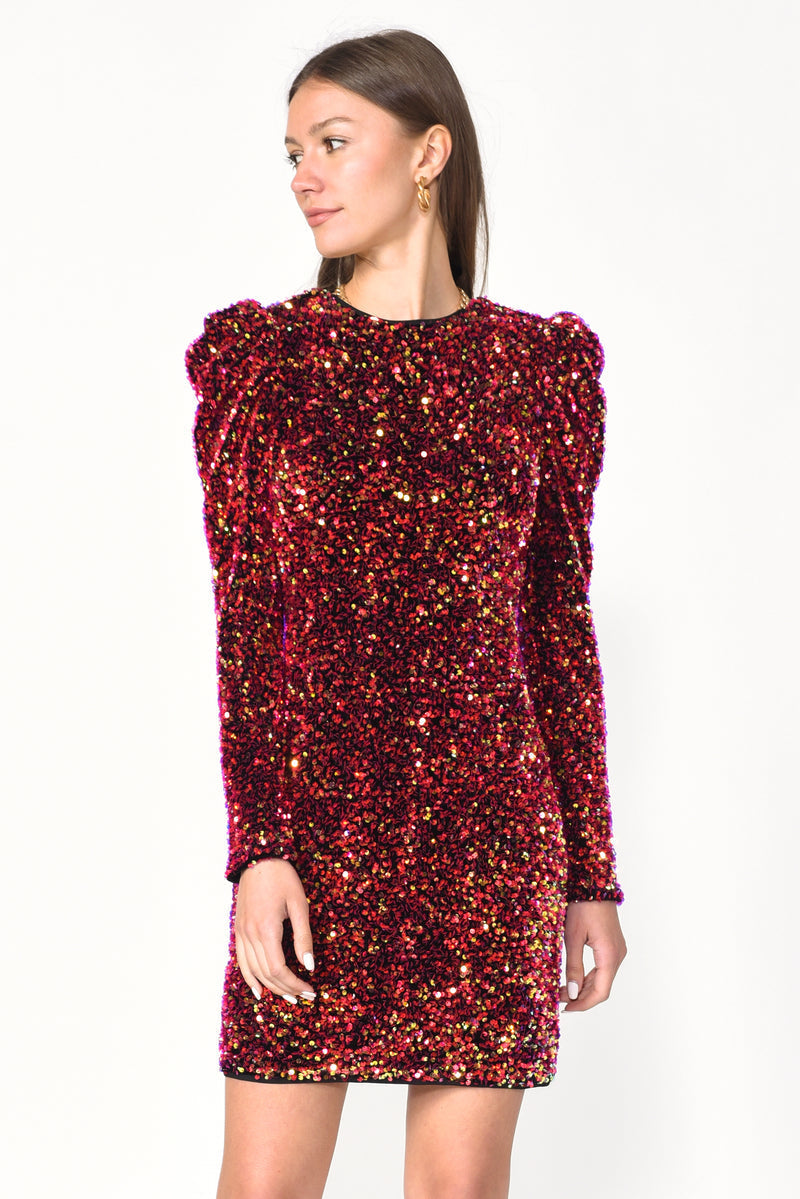 Adelyn Rae Gale Velvet Sequins Puff Sleeve Mini Dress in Raspberry Punch – side view