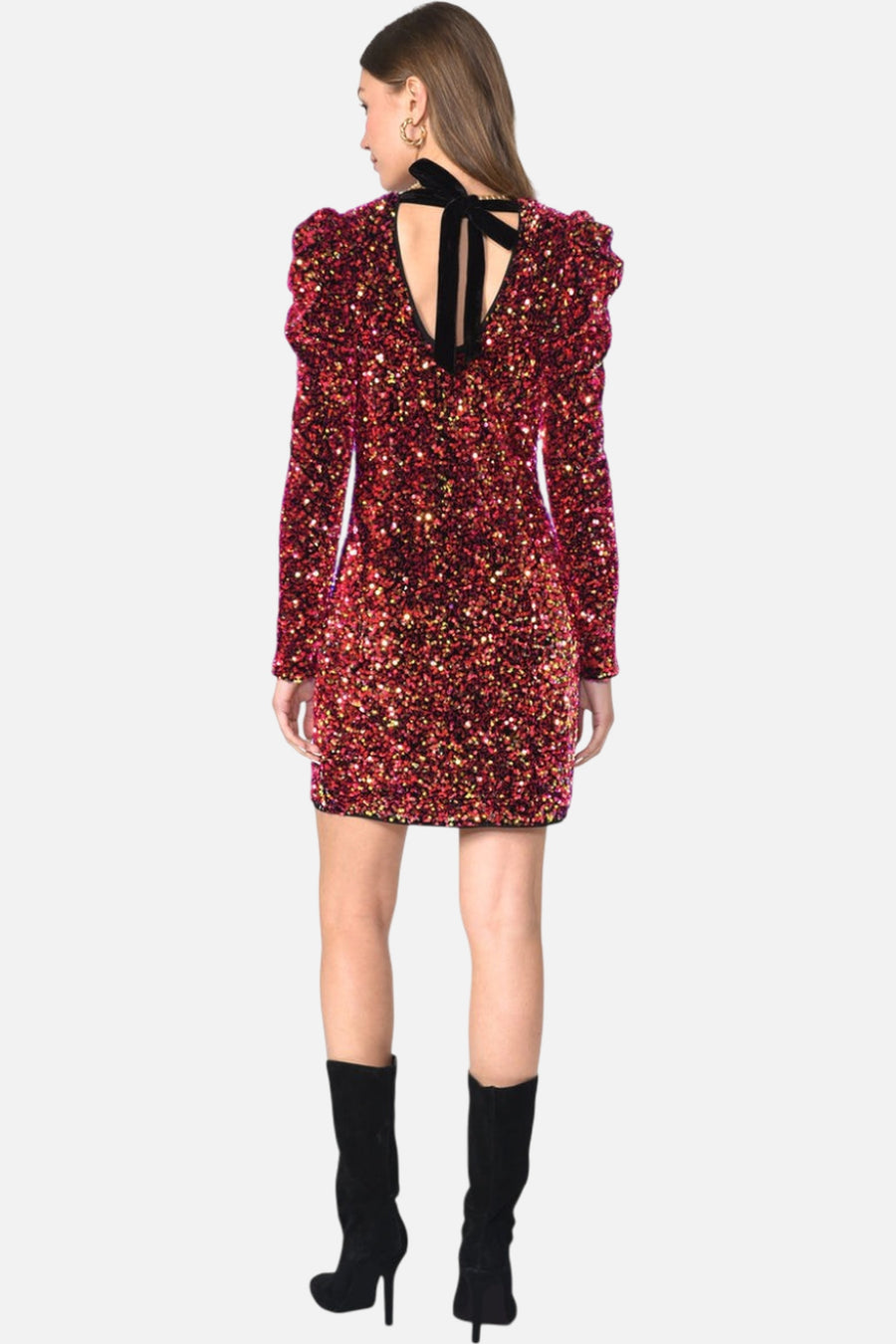 Adelyn Rae Gale Velvet Sequins Puff Sleeve Mini Dress in Raspberry Punch – side view