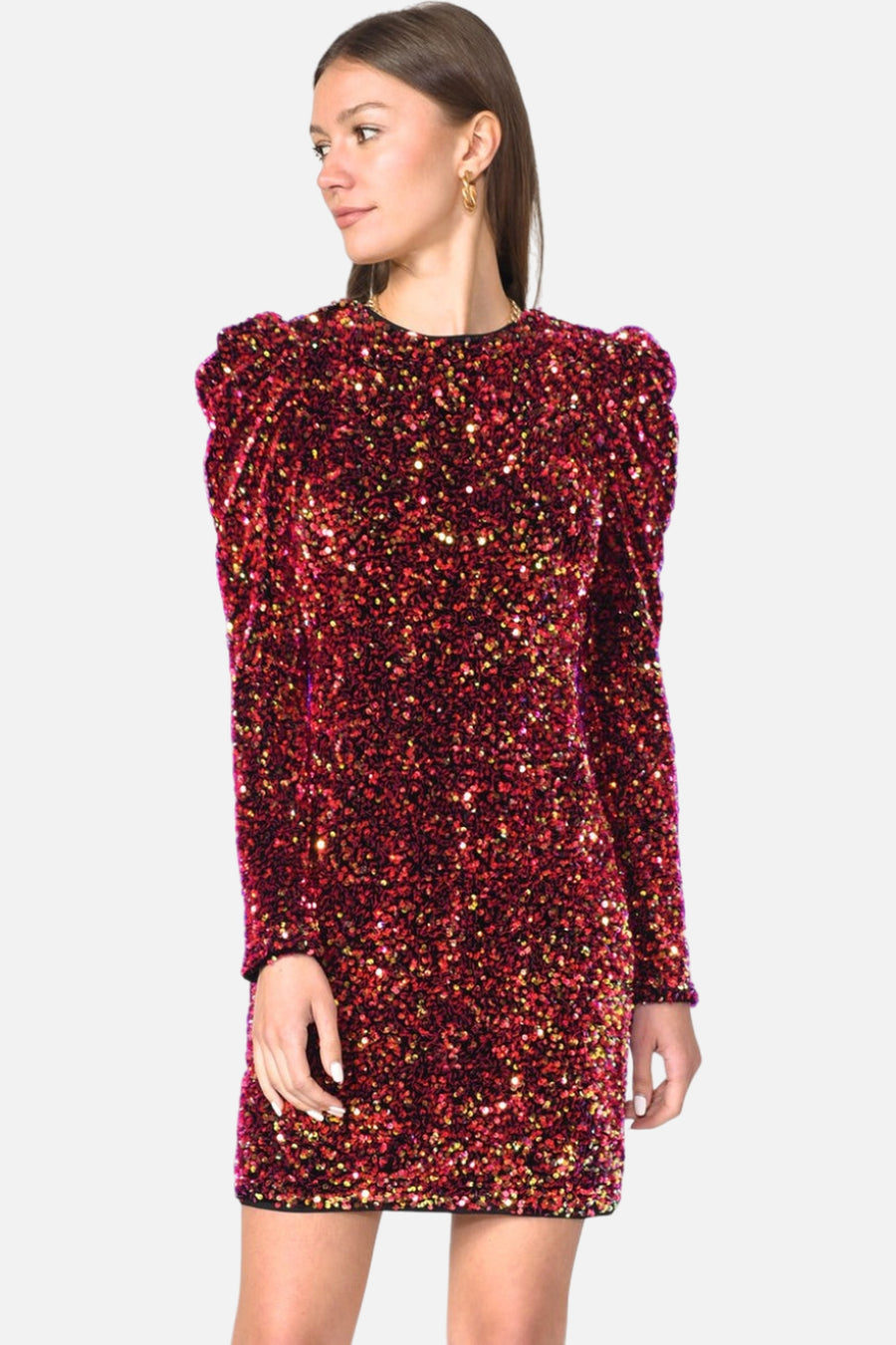 Adelyn Rae Gale Velvet Sequins Puff Sleeve Mini Dress in Raspberry Punch – side view