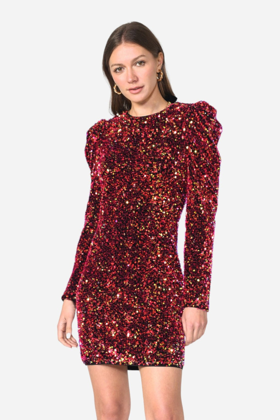 Adelyn Rae Gale Velvet Sequins Puff Sleeve Mini Dress in Raspberry Punch – side view