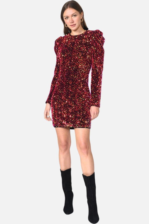 Adelyn Rae Gale Velvet Sequins Puff Sleeve Mini Dress in Raspberry Punch