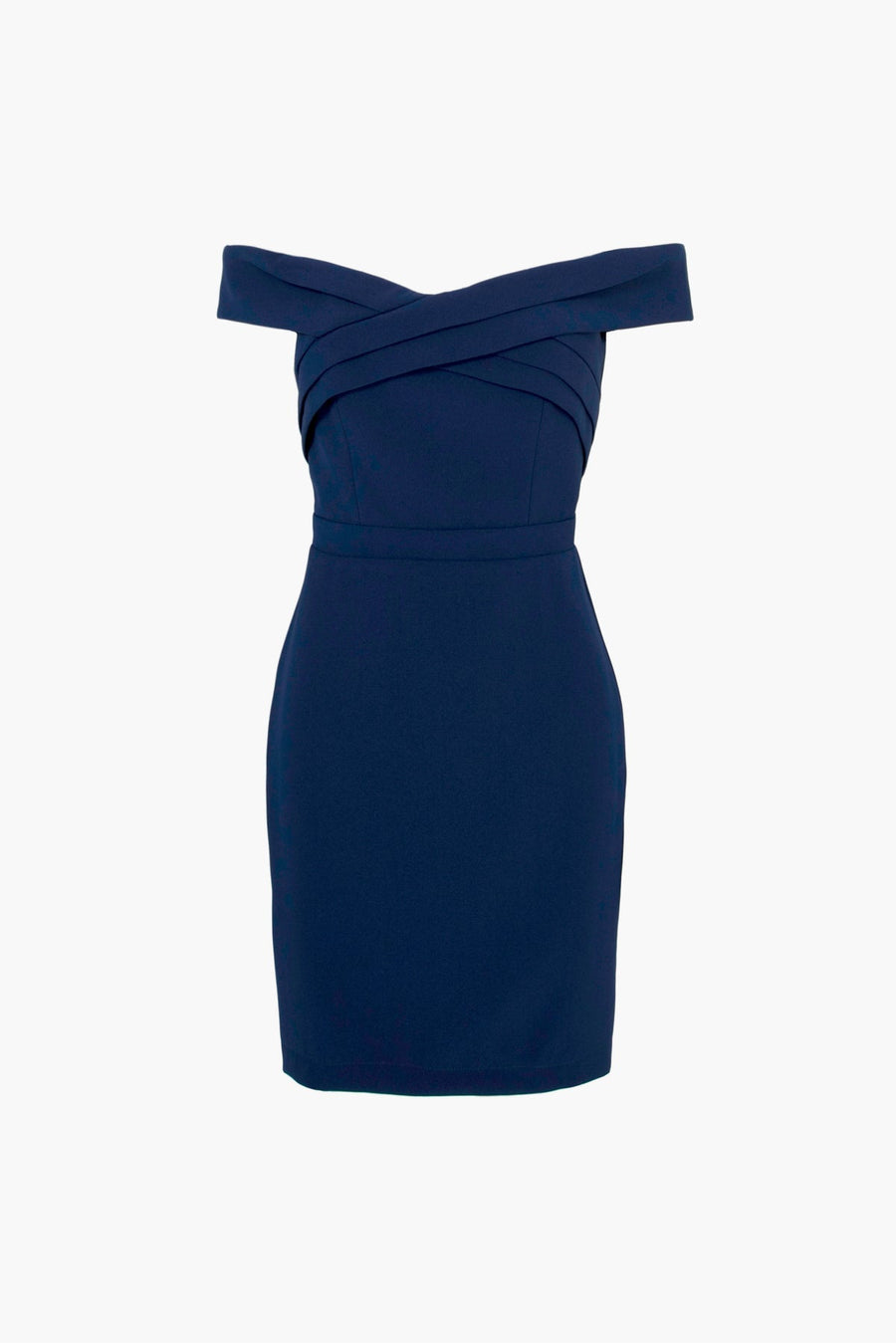 Adelyn Rae Isla Off Shoulder Crepe Mini Dress in Navy – flat lay
