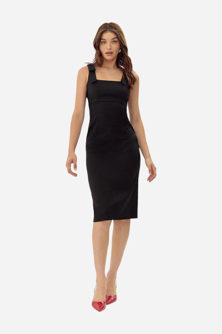 Adelyn Rae Karissa Shoulder Tie Crepe Midi Dress in Black – front view