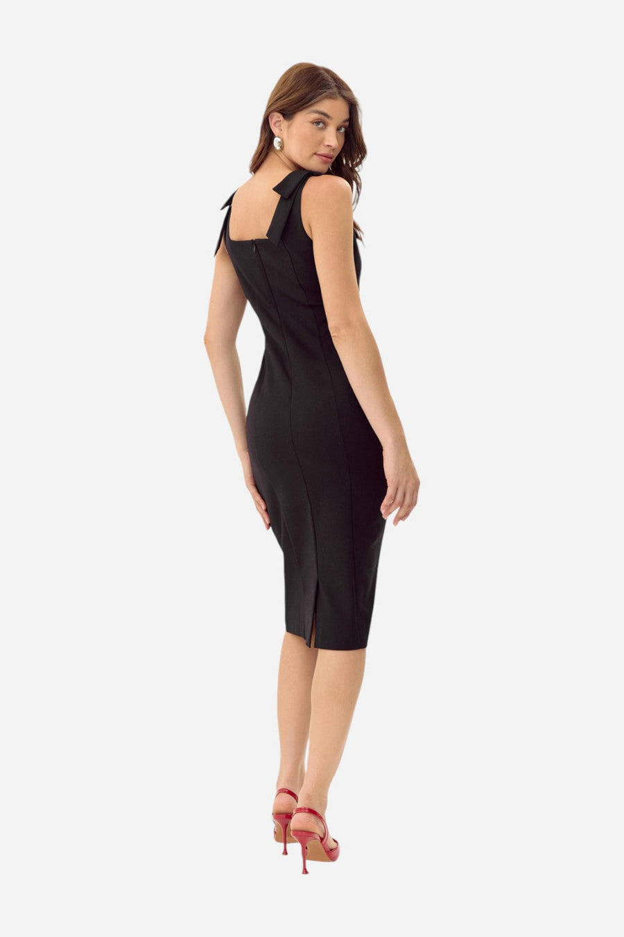 Adelyn Rae Karissa Shoulder Tie Crepe Midi Dress in Black – side view