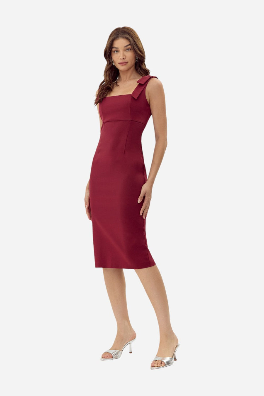Adelyn Rae Karissa Shoulder Tie Crepe Midi Dress in Cranberry – back view