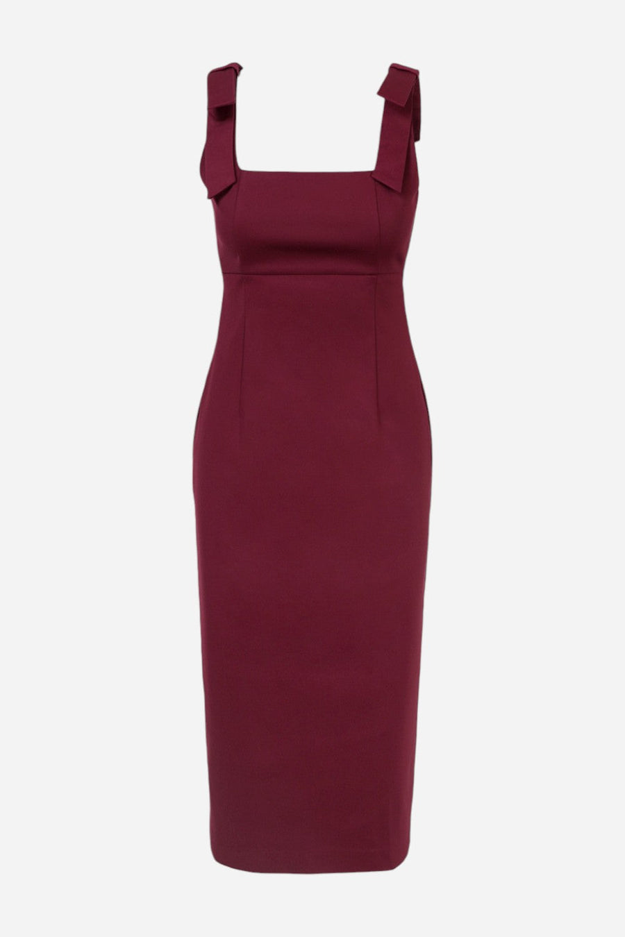 Adelyn Rae Karissa Shoulder Tie Crepe Midi Dress in Cranberry – flat lay