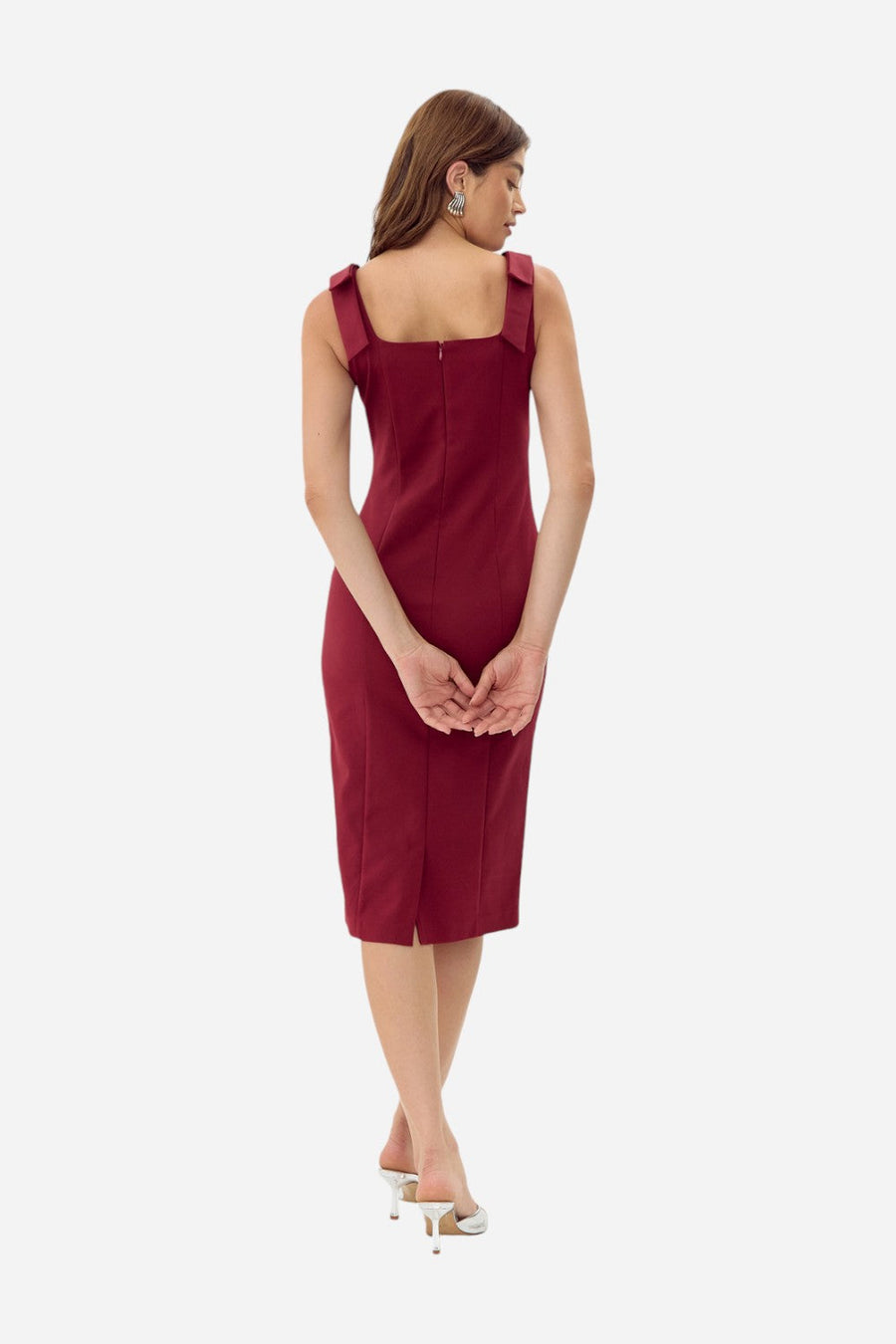 Adelyn Rae Karissa Shoulder Tie Crepe Midi Dress in Cranberry – side view