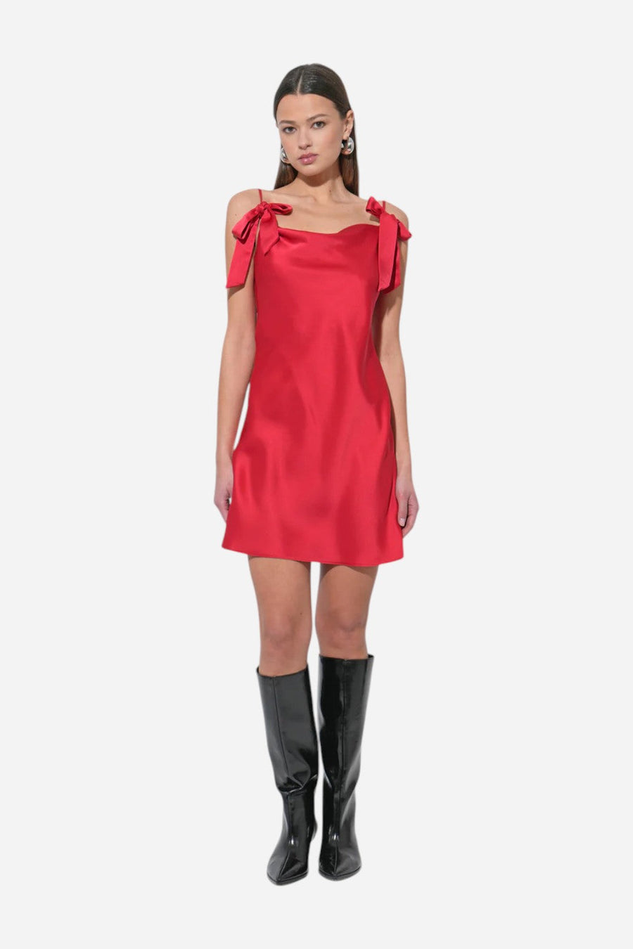 Adelyn Rae Kia Satin Mini Dress with Bows – flat lay