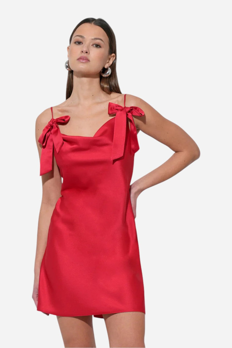 Adelyn Rae Kia Satin Mini Dress with Bows – side view