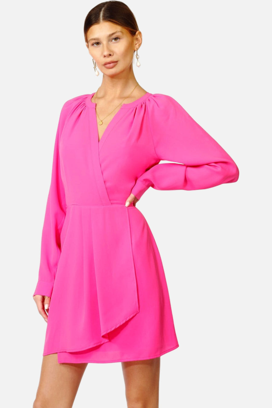 Adelyn Rae Margot Faux Wrap Dress in Hot Pink – on model