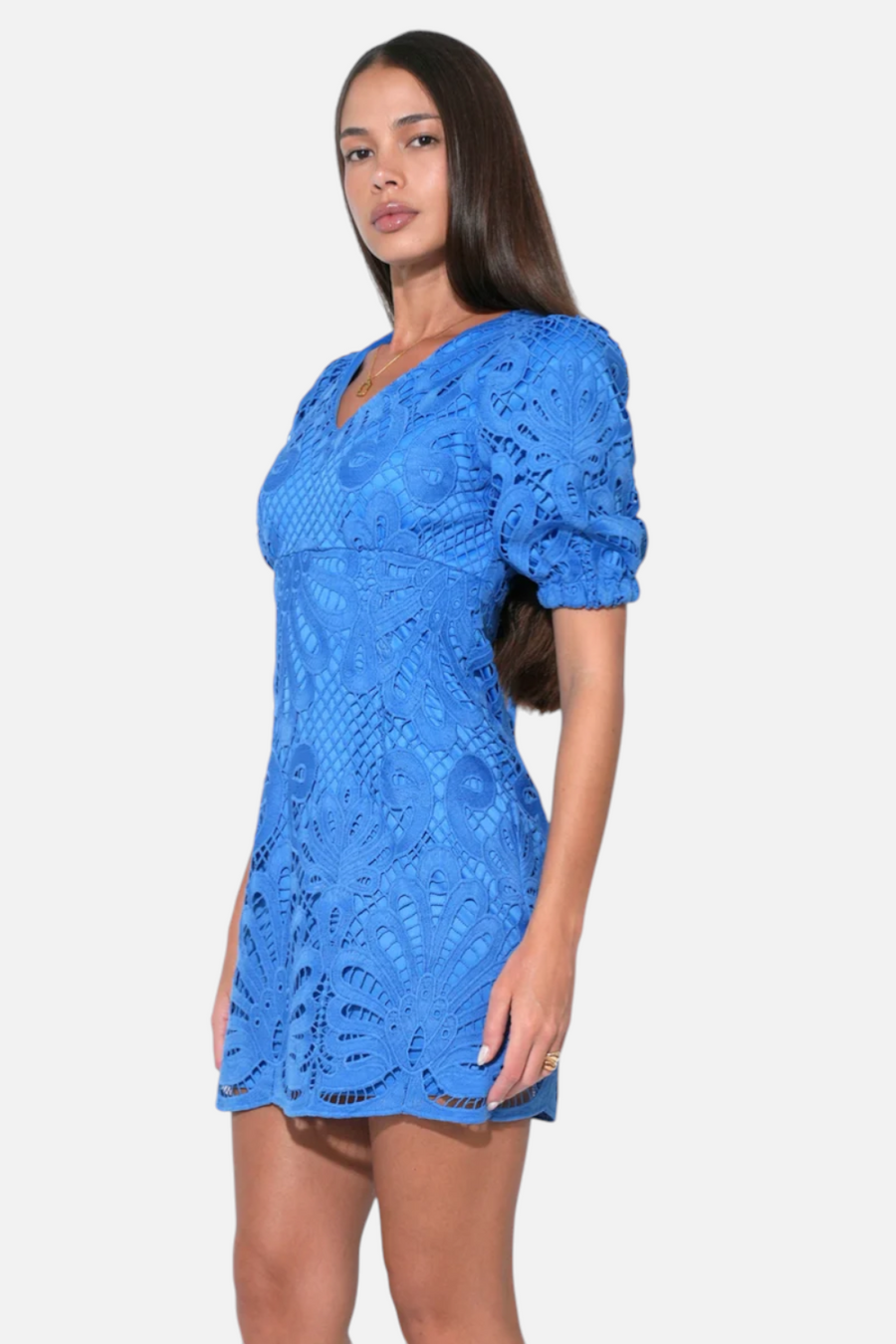 Adelyn Rae Maria Scallop Laci Mini Dress in Cornelia Blue – back view