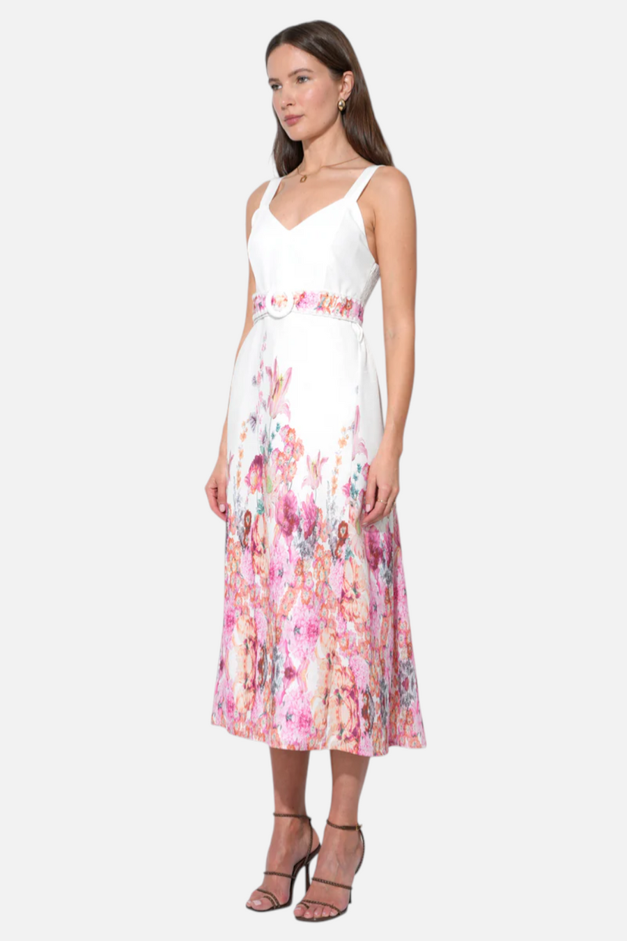 Adelyn Rae Remi V-Neck Floral Placement Midi Dress in White – back view