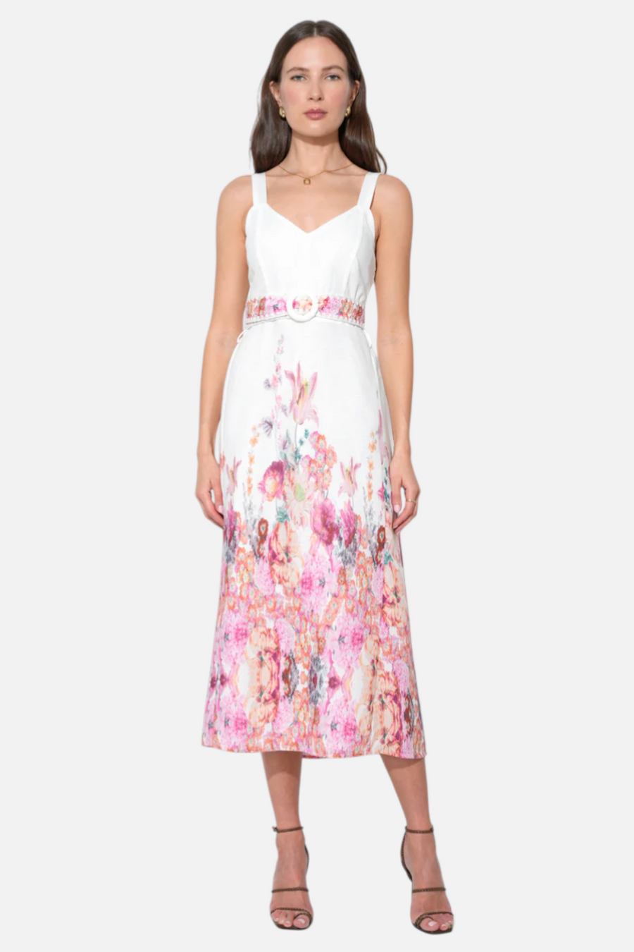 Adelyn Rae Remi V-Neck Floral Placement Midi Dress in White – front view