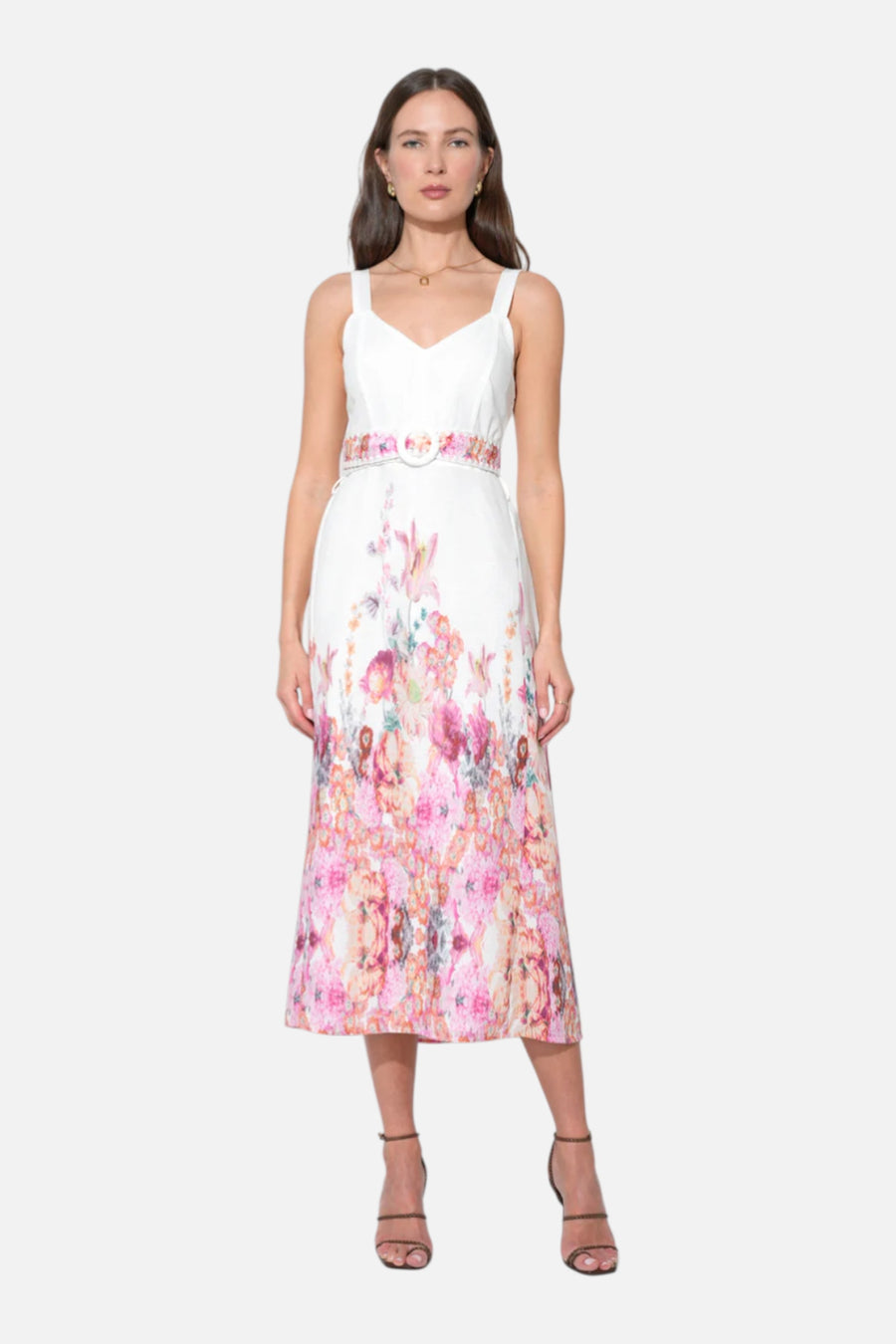 Adelyn Rae Remi V-Neck Floral Placement Midi Dress in White – on model