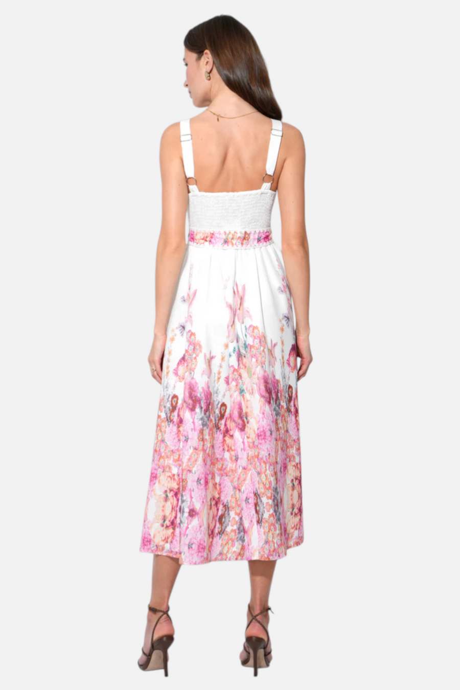 Adelyn Rae Remi V-Neck Floral Placement Midi Dress in White – side view