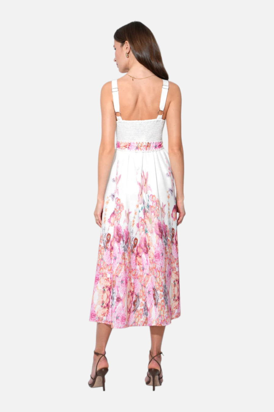Adelyn Rae Remi V-Neck Floral Placement Midi Dress in White – on model