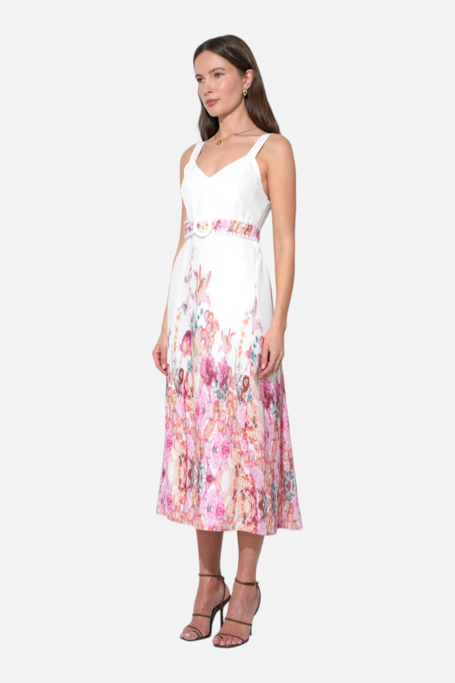 Adelyn Rae Remi V-Neck Floral Placement Midi Dress in White – on model