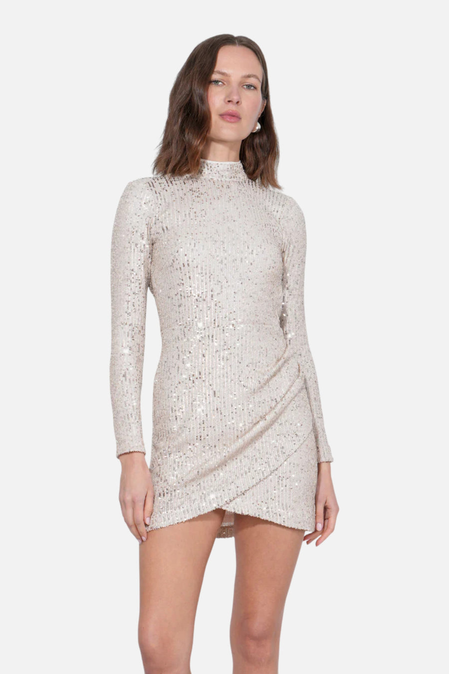Adelyn Rae Riina Sequins Mock Neck Mini Dress in Silver/Nude – side view