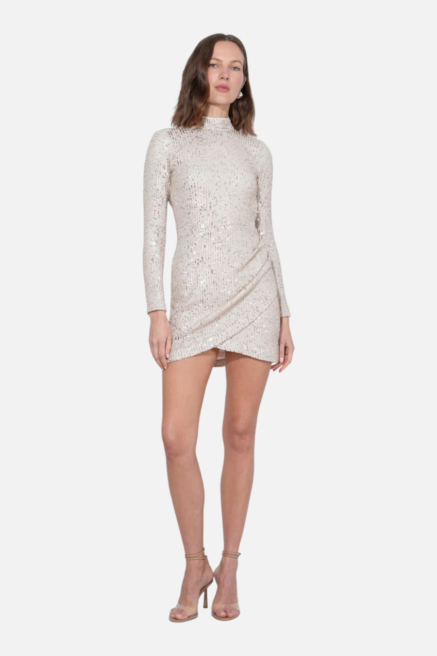 Adelyn Rae Riina Sequins Mock Neck Mini Dress in Silver/Nude – side view