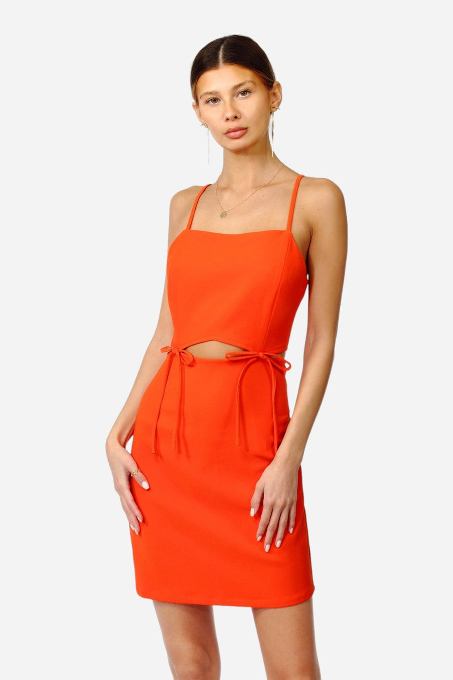 Adelyn Rae Roxy Cut Out Mini Dress in Blood Orange – on model