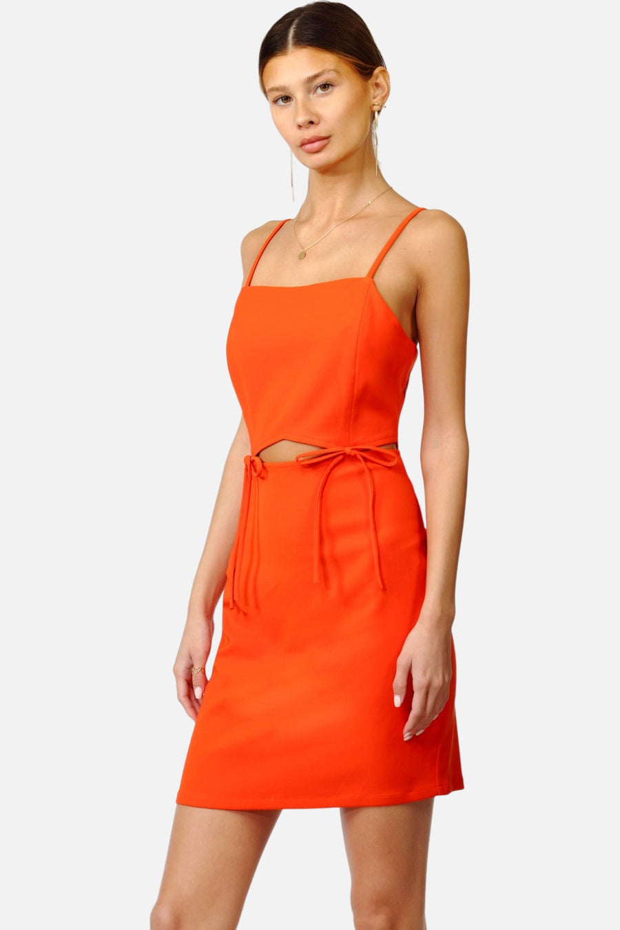 Adelyn Rae Roxy Cut Out Mini Dress in Blood Orange – on model