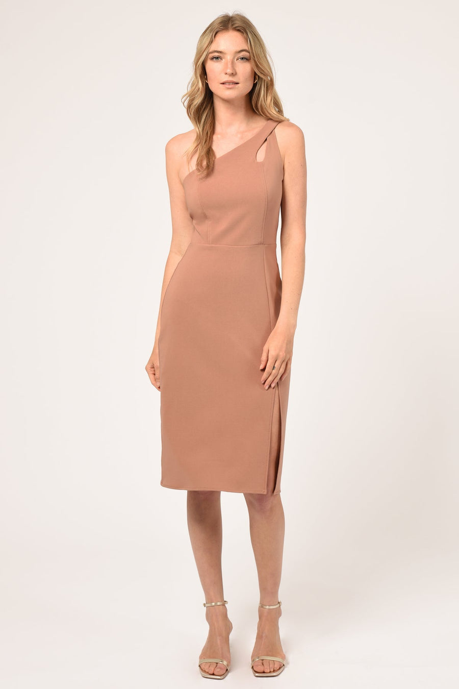 Adelyn Rae Selia Asymmetrical One Shoulder Dress in Clay – back view
