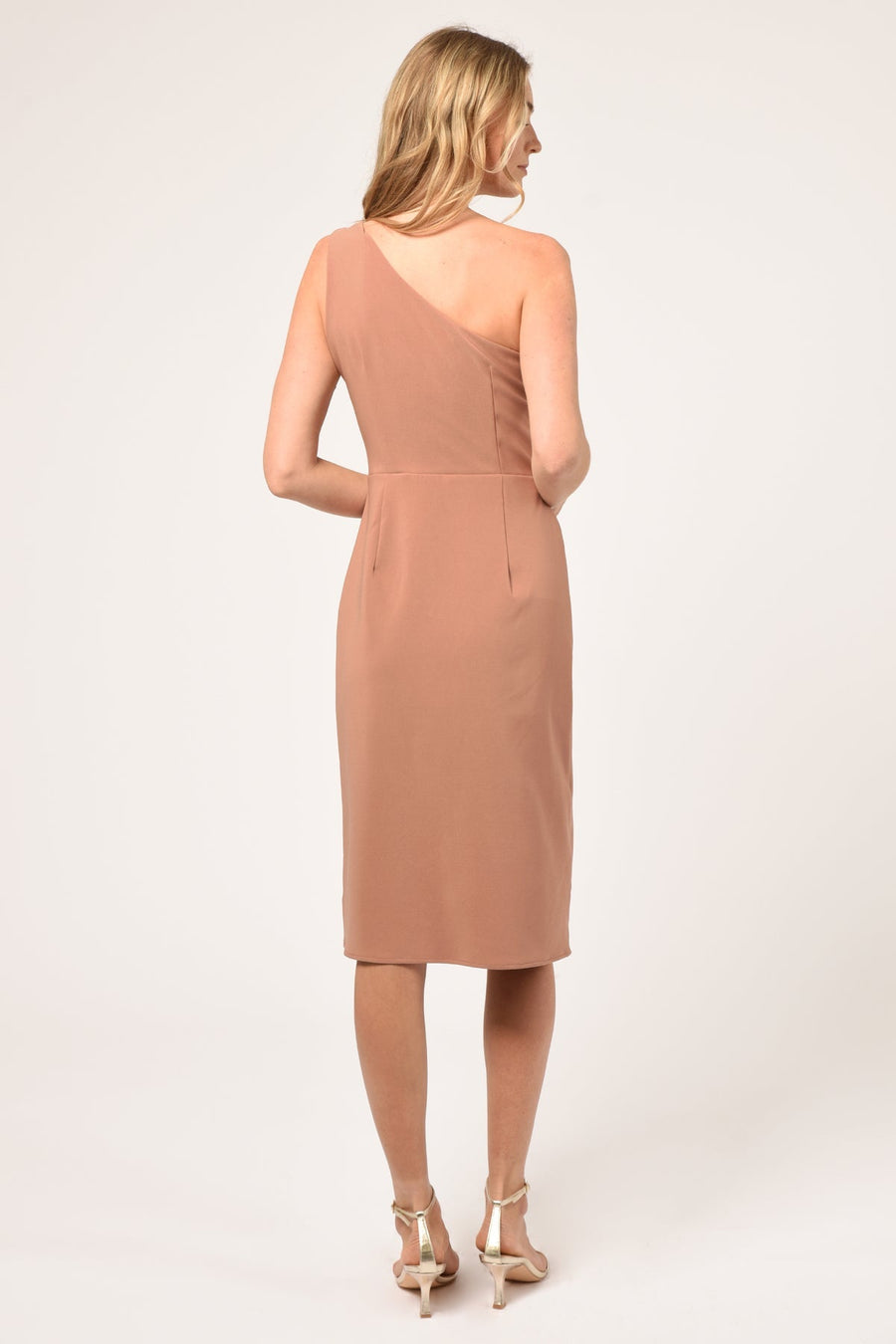 Adelyn Rae Selia Asymmetrical One Shoulder Dress in Clay – detail