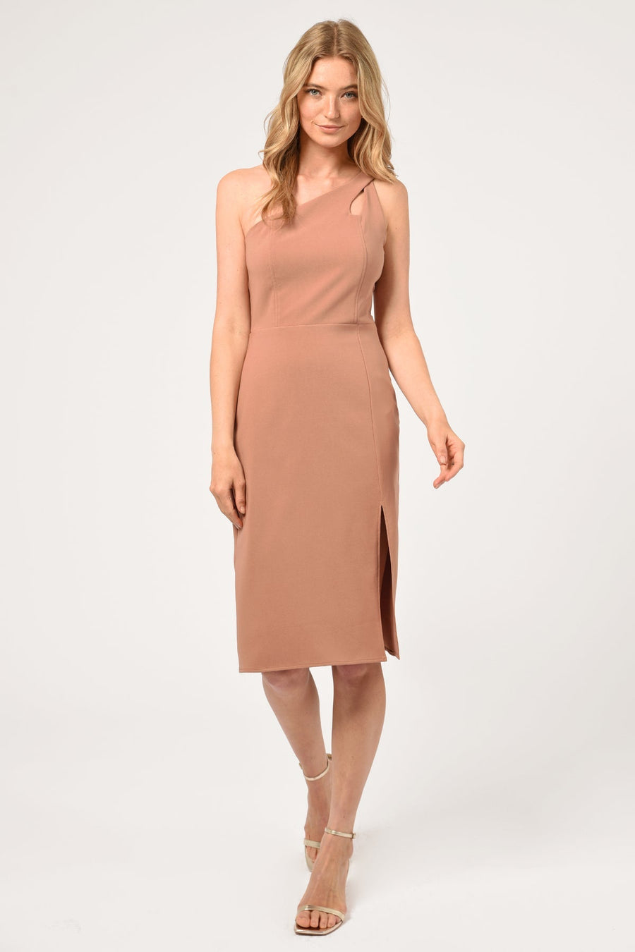 Adelyn Rae Selia Asymmetrical One Shoulder Dress in Clay – side view