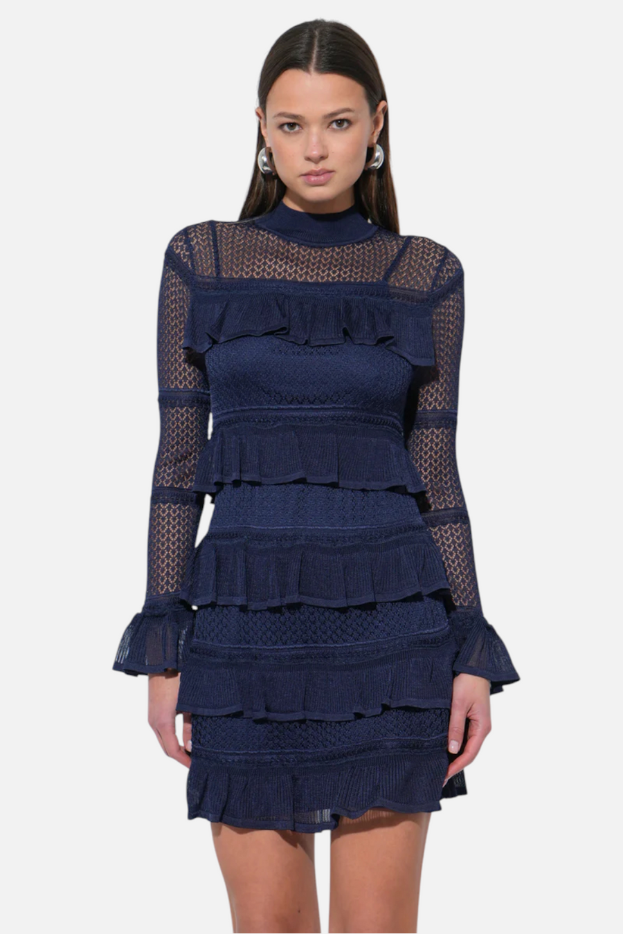 Adelyn Rae Sera Ruffled Tiered Mini Dress in Navy – front view