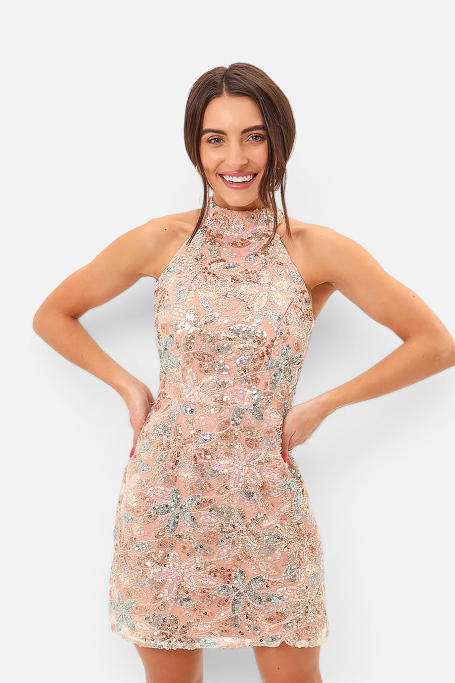 Adelyn Rae Soraia Sequin Halter Mini Dress – side view