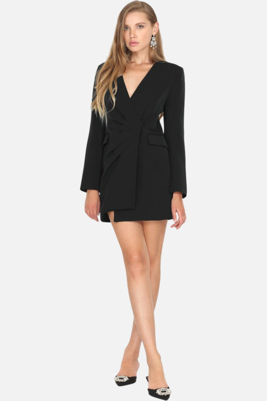 Adelyn Rae Stefani Asymmetrical Blazer Dress in Black – on model
